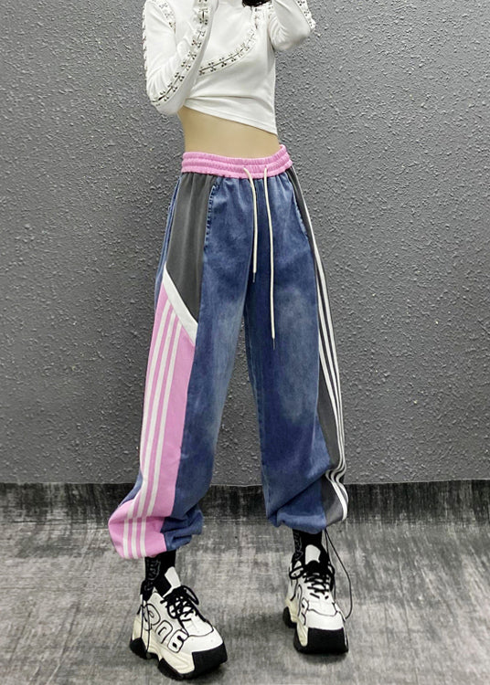 Unique Colorblock Pockets Striped Elastic Waist Denim Beam Pants Fall