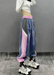 Unique Colorblock Pockets Striped Elastic Waist Denim Beam Pants Fall