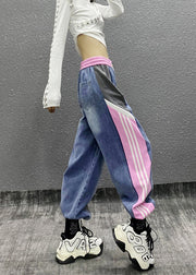 Unique Colorblock Pockets Striped Elastic Waist Denim Beam Pants Fall