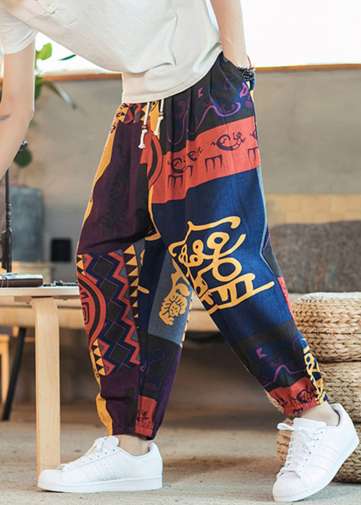 Unique Colorblock Print Lace Up Elastic Waist Cotton Men Beam Pants Summer