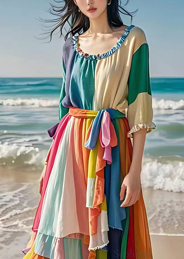 Unique Colorblock Ruffled Tie Waist Cotton Long Dresses Half Sleeve