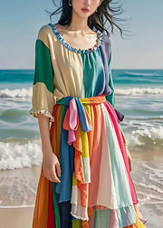 Unique Colorblock Ruffled Tie Waist Cotton Long Dresses Half Sleeve