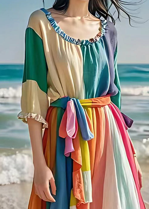 Unique Colorblock Ruffled Tie Waist Cotton Long Dresses Half Sleeve