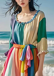 Unique Colorblock Ruffled Tie Waist Cotton Long Dresses Half Sleeve