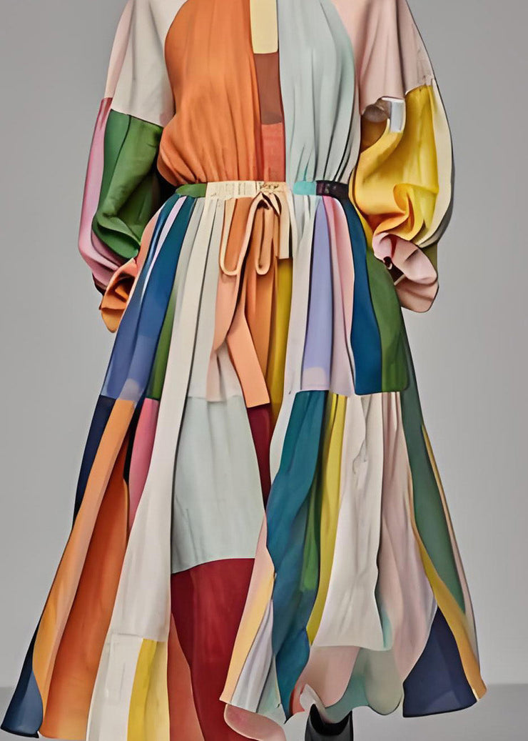 Unique Colorblock Stand Collar Drawstring Cotton Maxi Dress Long Sleeve