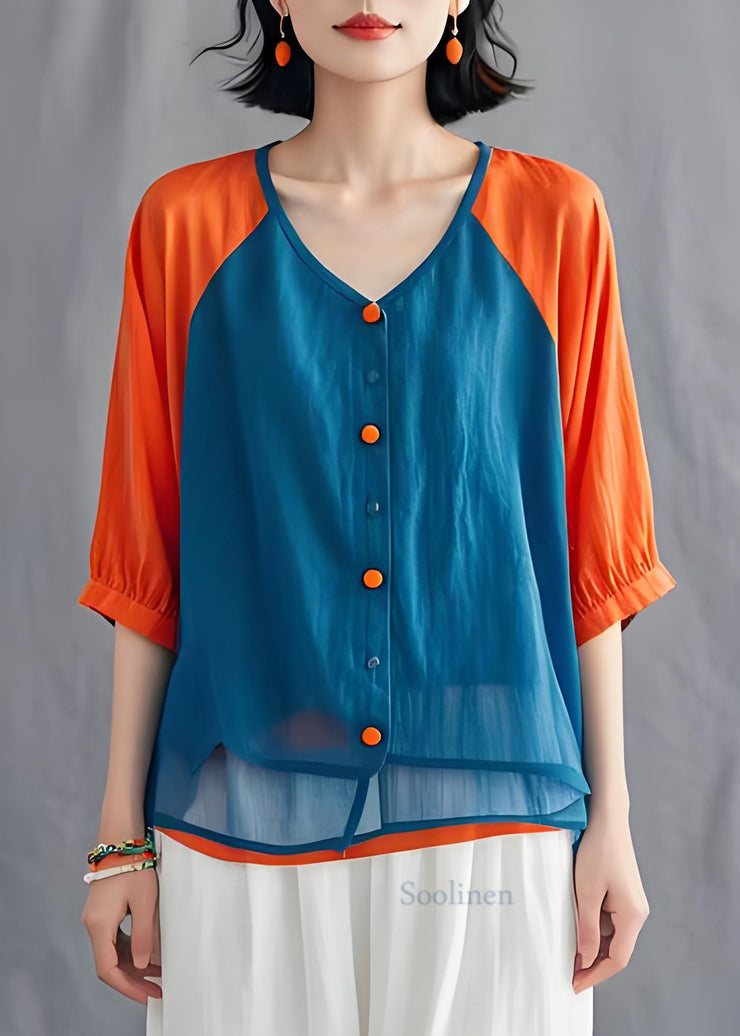 Unique Colorblock V Neck Button Patchwork Cotton Blouses Summer