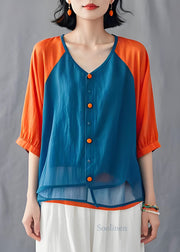 Unique Colorblock V Neck Button Patchwork Cotton Blouses Summer