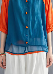 Unique Colorblock V Neck Button Patchwork Cotton Blouses Summer