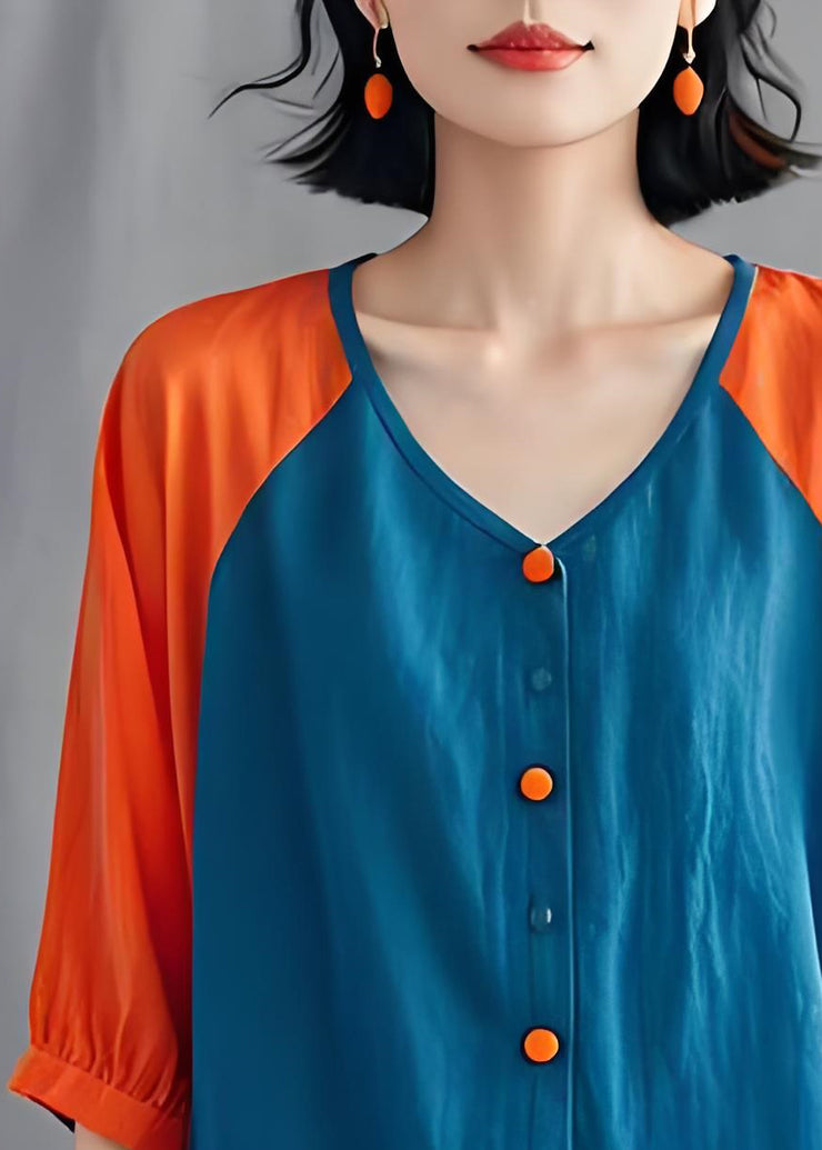 Unique Colorblock V Neck Button Patchwork Cotton Blouses Summer