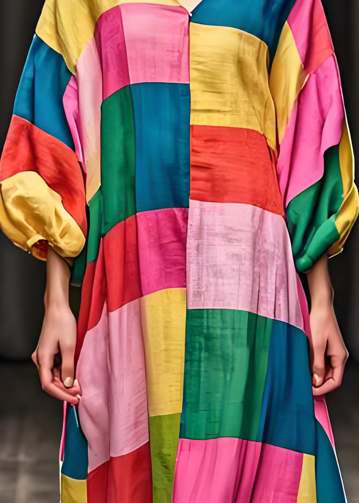 Unique Colorblock V Neck Patchwork Cotton Dress Lantern Sleeve