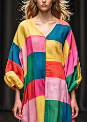 Unique Colorblock V Neck Patchwork Cotton Dress Lantern Sleeve