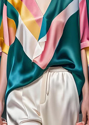 Unique Colorblock V Neck Patchwork Silk Blouses Summer