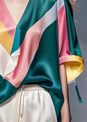 Unique Colorblock V Neck Patchwork Silk Blouses Summer