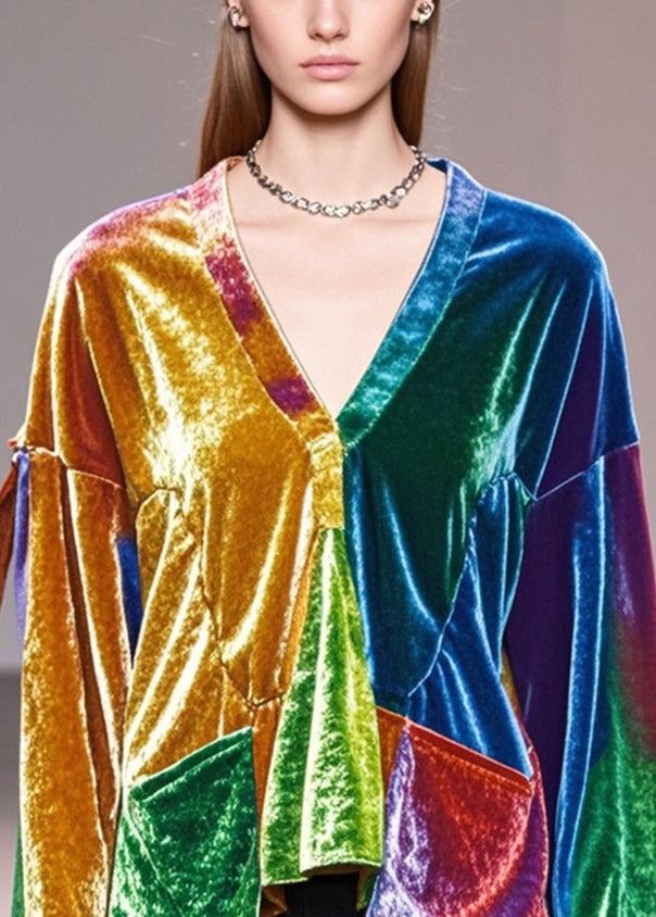 Unique Colorblock V Neck Patchwork Silk Velour Top Fall