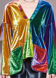 Unique Colorblock V Neck Patchwork Silk Velour Top Fall