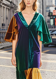 Unique Colorblock V Neck Patchwork Velvet Dresses Butterfly Sleeve