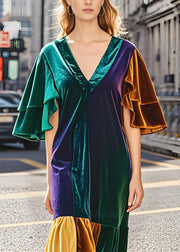 Unique Colorblock V Neck Patchwork Velvet Dresses Butterfly Sleeve