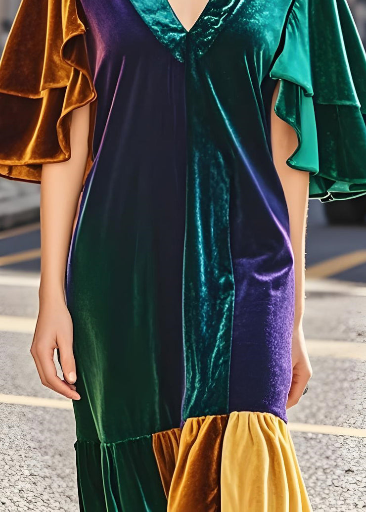 Unique Colorblock V Neck Patchwork Velvet Dresses Butterfly Sleeve