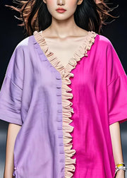 Unique Colorblock V Neck Ruffled Patchwork Cotton Top Summer