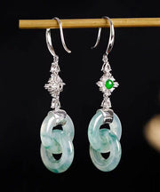 Unique Cyan Sterling Silver Inlaid Zircon Jadeite Drop Earrings