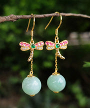 Unique Cyan Sterling Silver Overgild Jade Dragonfly Tassel Drop Earrings