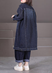 Unique Dark Blue Peter Pan Collar Pockets Patchwork Button Denim Long Trench Coat Fall