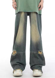 Unique Denim Blue Pockets Patchwork Hole Men Pants