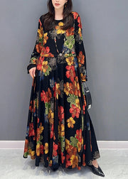 Unique Floral O Neck Wrinkled Patchwork Cotton Long Dress Fall