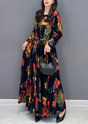 Unique Floral O Neck Wrinkled Patchwork Cotton Long Dress Fall