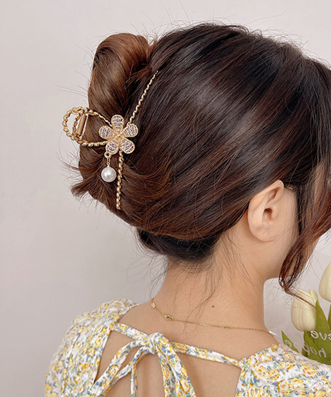 Unique Gold Alloy Zircon Floral Pearl Tassel Hairpin