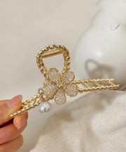 Unique Gold Alloy Zircon Floral Pearl Tassel Hairpin