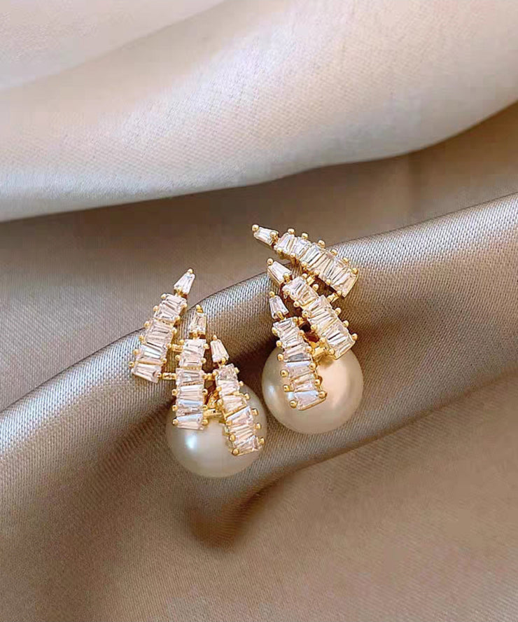 Unique Gold Copper Alloy Zircon Pearl Stud Earrings