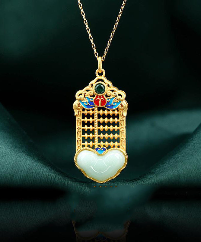 Unique Gold Copper Overgild Enamel Jade Pendant Necklace