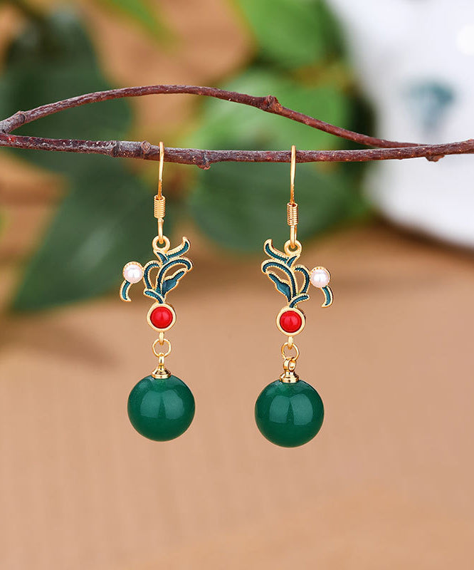 Unique Gold Plated Jasper Jade Agate Drop Earrings