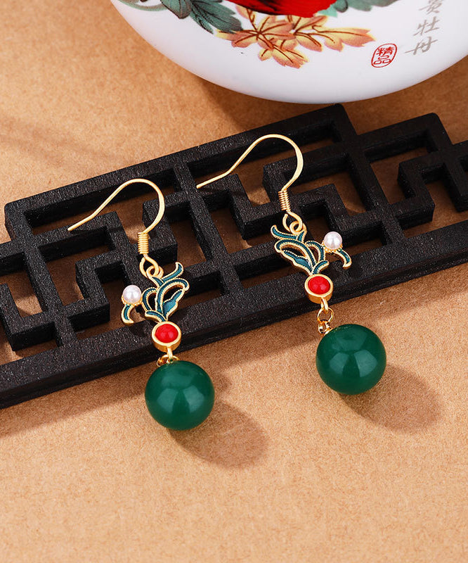 Unique Gold Plated Jasper Jade Agate Drop Earrings