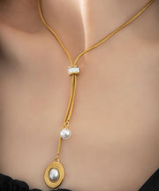 Unique Gold Stainless Steel Asymmetric Pearl Tassel Pendant Necklace