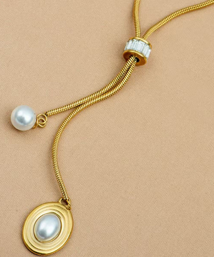 Unique Gold Stainless Steel Asymmetric Pearl Tassel Pendant Necklace