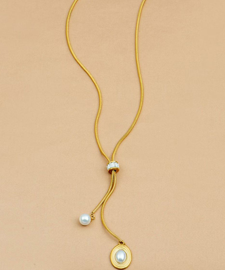 Unique Gold Stainless Steel Asymmetric Pearl Tassel Pendant Necklace