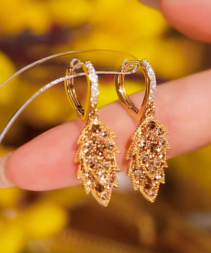 Unique Gold Stering Silver Overgild Zircon Leaf Drop Earrings