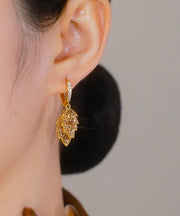 Unique Gold Stering Silver Overgild Zircon Leaf Drop Earrings