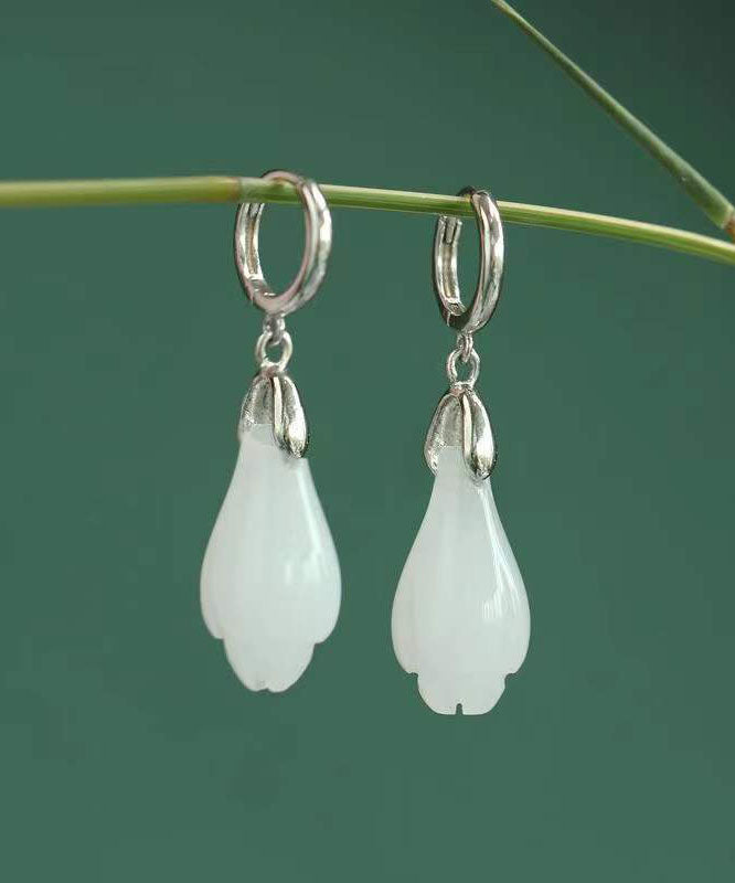 Unique Gold Sterling Silver Overgild Jade Orchid Drop Earrings