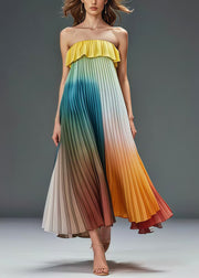 Unique Gradient Color Ruffles Cold Shoulder Chiffon Pleated Dress Summer