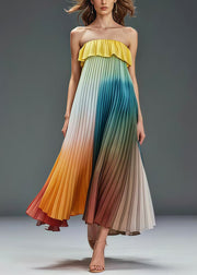 Unique Gradient Color Ruffles Cold Shoulder Chiffon Pleated Dress Summer