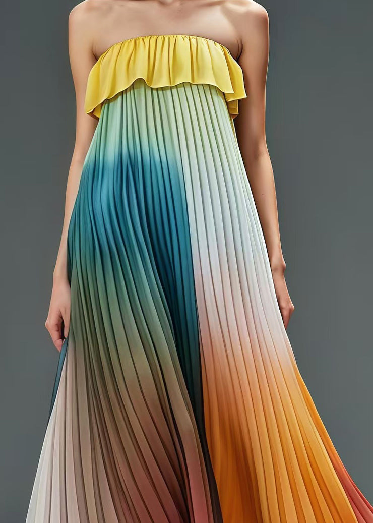 Unique Gradient Color Ruffles Cold Shoulder Chiffon Pleated Dress Summer