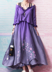 Unique Gradient Purple Cold Shoulder Print Silk Dress Summer