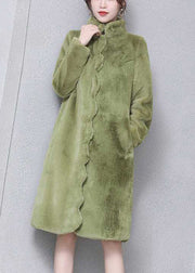 Unique Grass Green Stand Collar Silm Fit Fuzzy Fur Fluffy Coat Winter