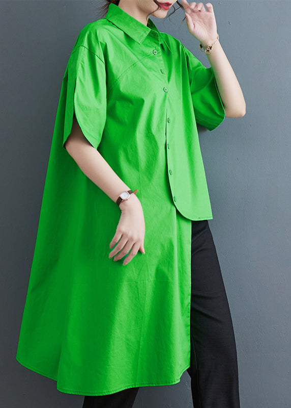 Unique Green Asymmetrical Low High Design Cotton Shirt Tops Summer