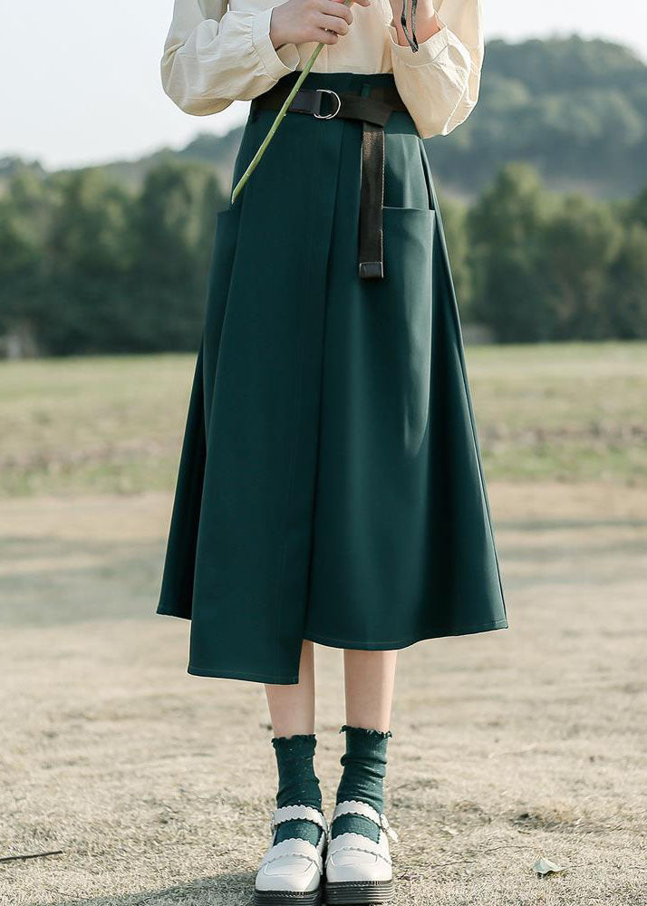 Unique Green Asymmetrical Pockets Cotton Skirt Summer