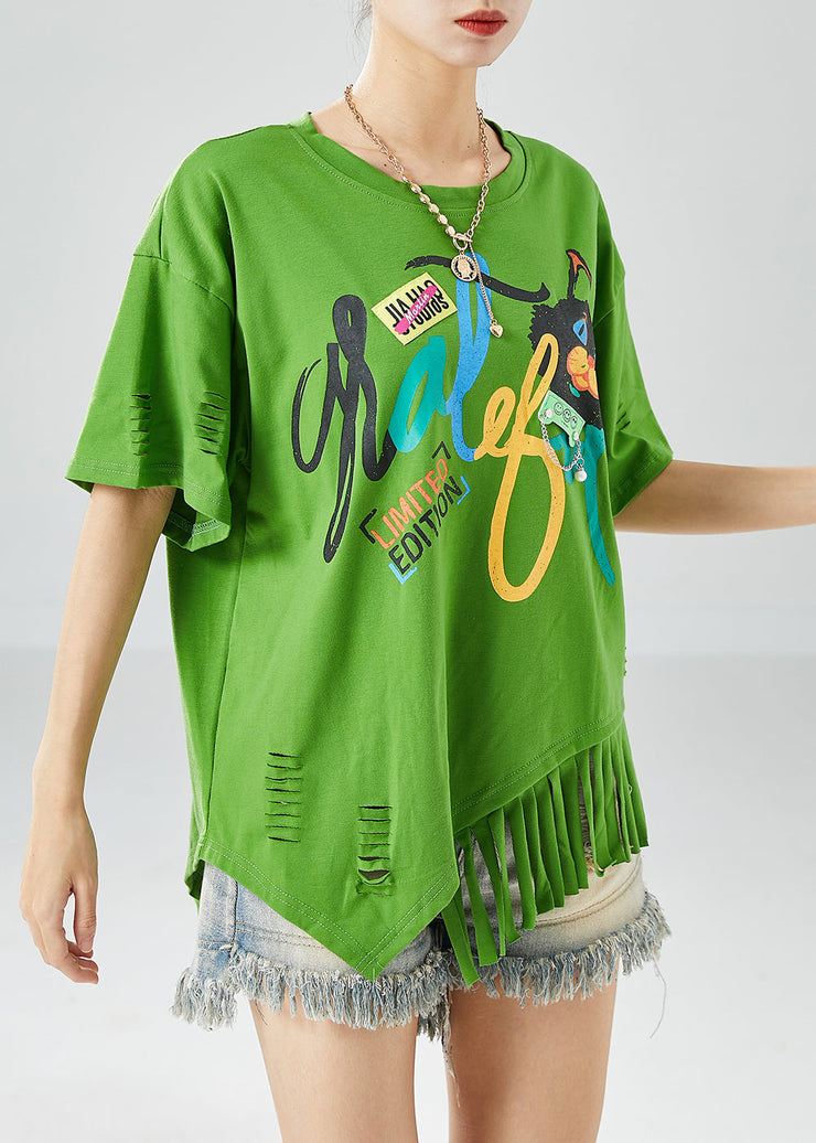 Unique Green Asymmetrical Tassel Print Cotton Ripped Tops Summer