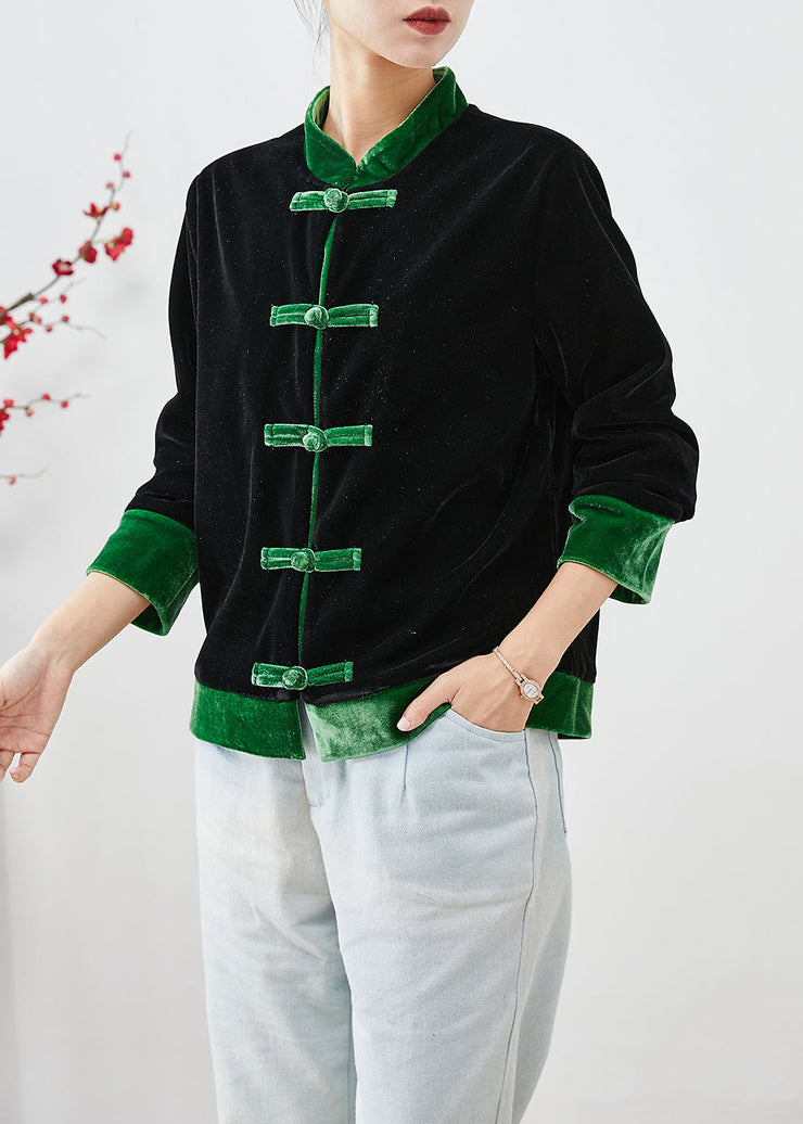 Unique Green Chinese Button Patchwork Silk Velour Jackets Fall